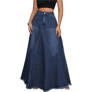 Women's Retro Distressed High Waist Denim Skirt Dark Blue